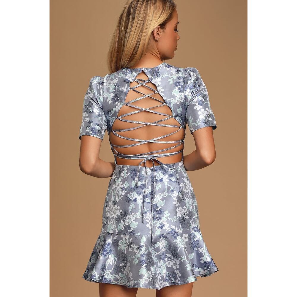 Lulus Blue Floral Ruffle Mini Dress - Picture 4 of 7